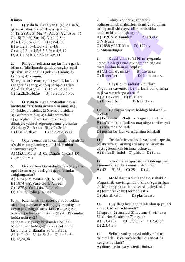 Kimyo testlari va elementlar tahlili