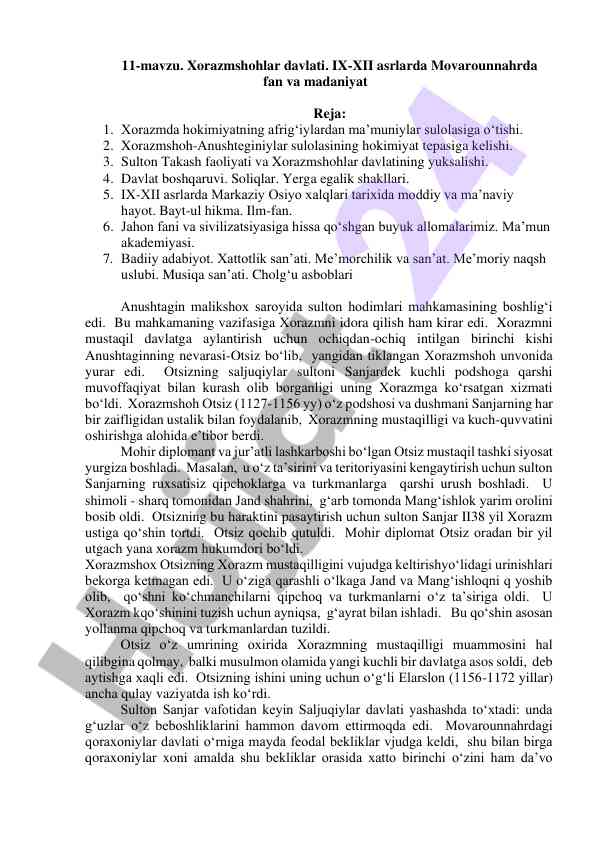 Xorazmshohlar davlati ix-xii asrlarda movarounnahrda