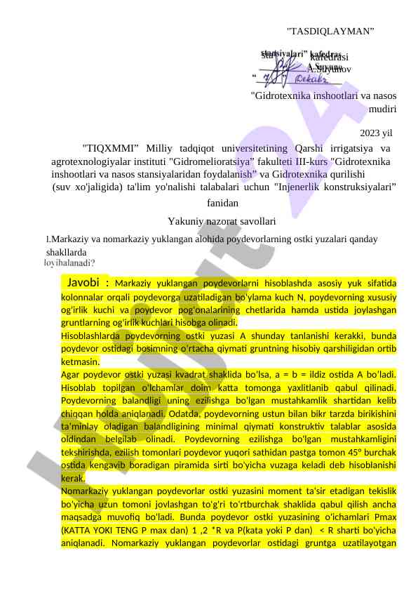 Gidrotexnika inshootlari: yakuniy nazorat savollari