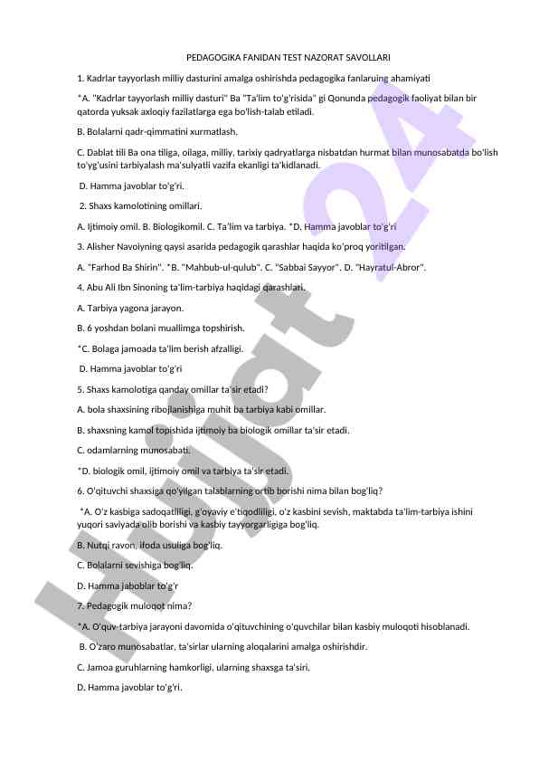 Pedagogika fanidan test nazorat savollari