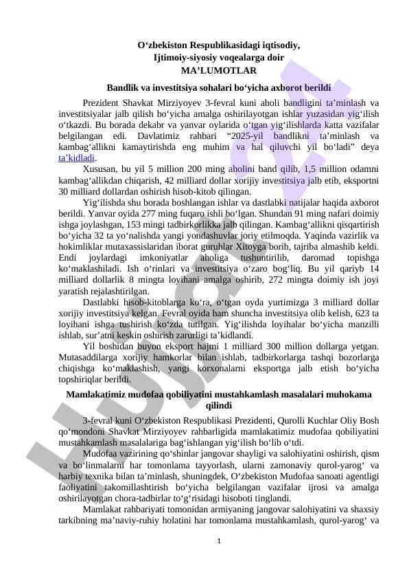 O‘zbekiston prezidentining bandlik va investitsiya siyosati