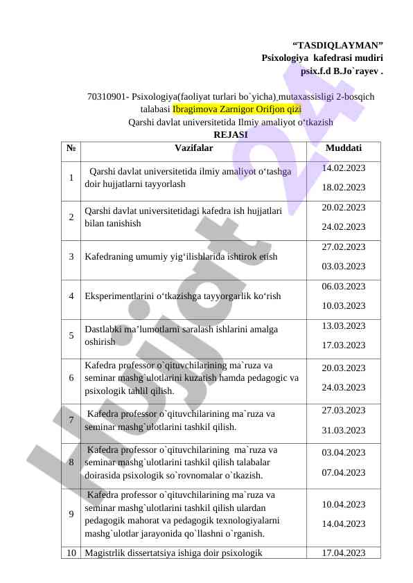 Psixologiya ilmiy amaliyoti o‘tkazish rejasi