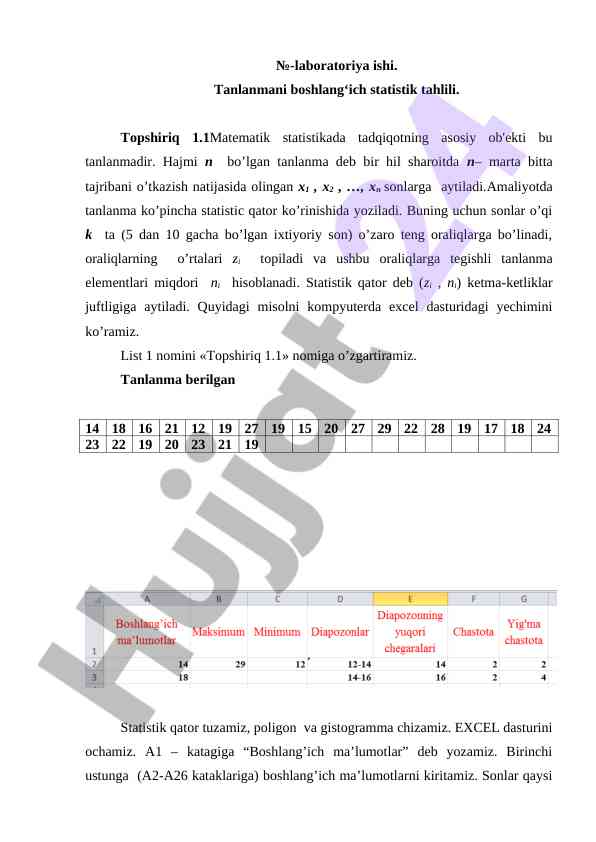 Tanlanmani boshlang‘ich statistik tahlili
