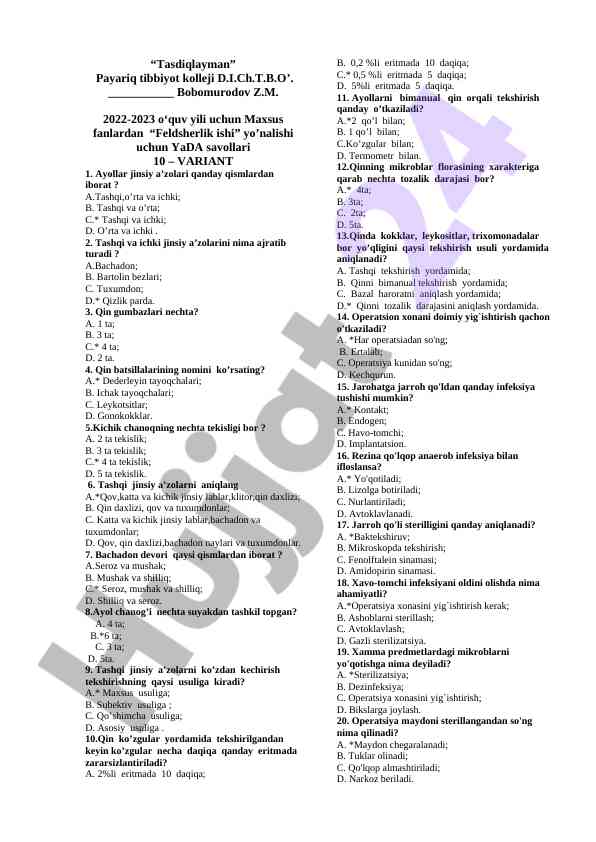 Feldsherlik ishi savollari 10 - variant 1