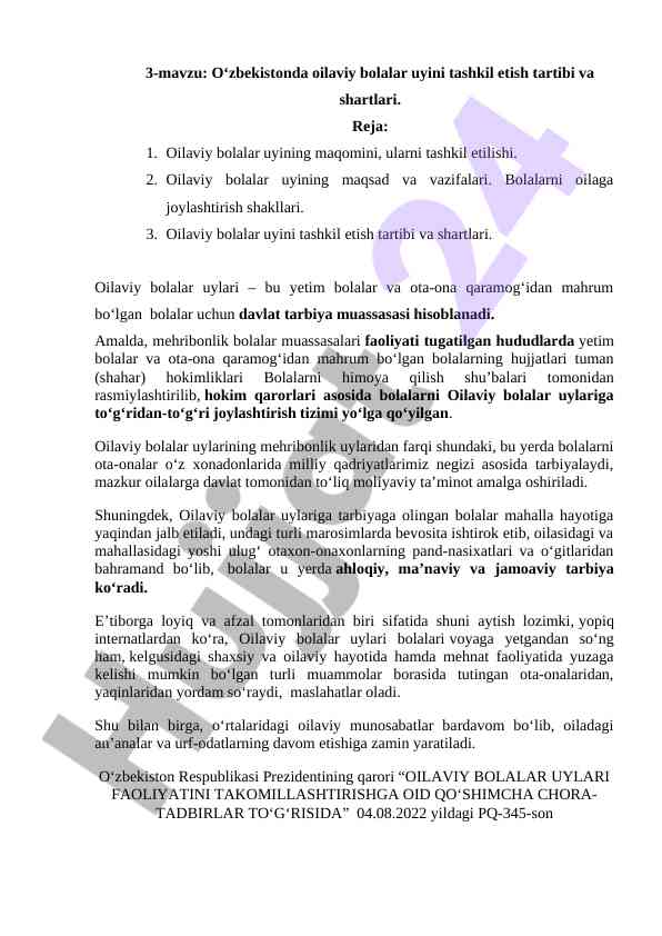 O‘zbekistonda oilaviy bolalar uyini tashkil etish