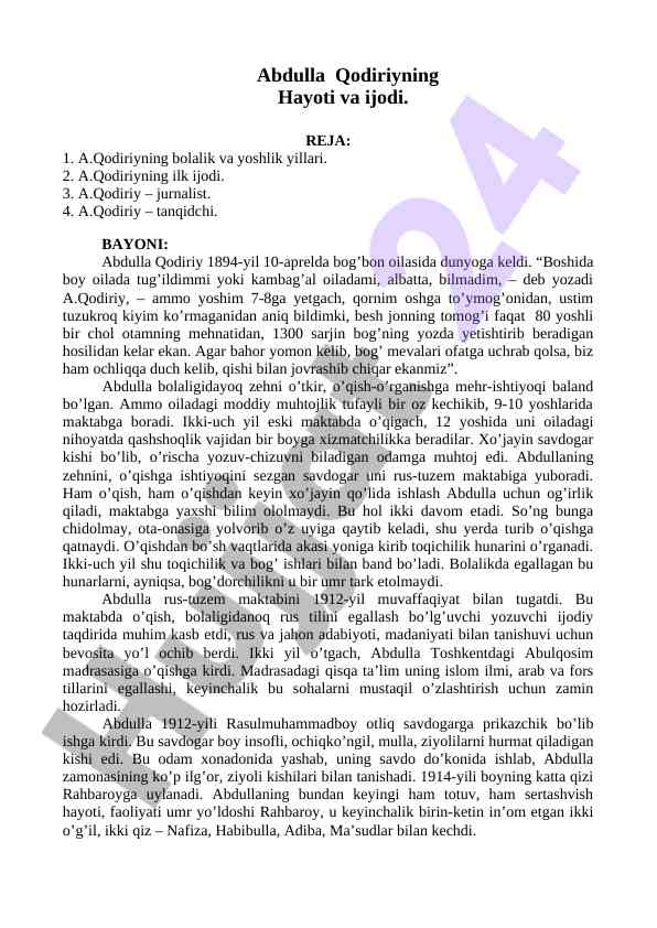 Abdulla qodiriy hayoti va ijodi tarixi