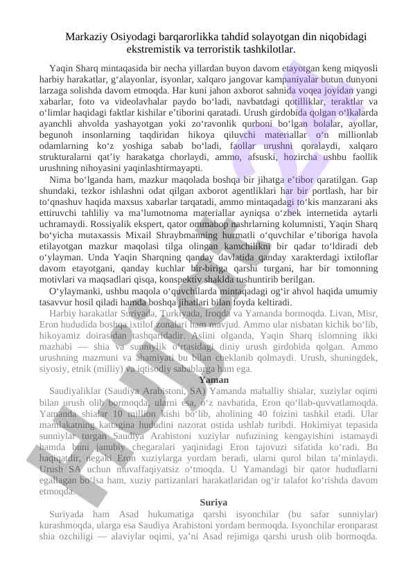 Markaziy osiyoda ekstremizm va terrorizm muammolari