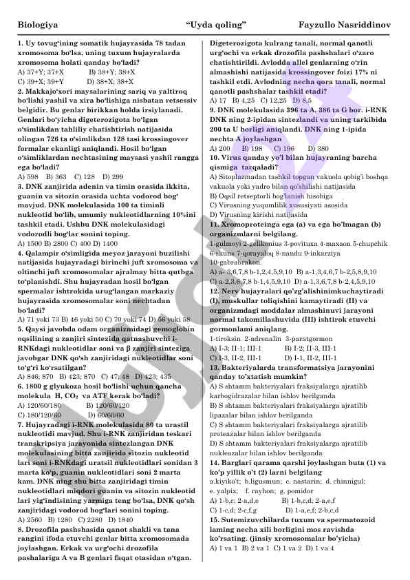 Biologiya test savollari va ularning javoblari