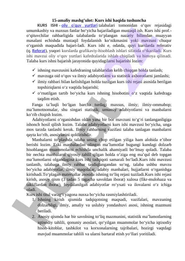 Kurs ishining ahammiyati va bajarilishi jarayoni