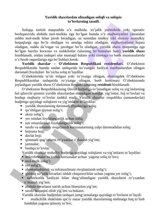 Soliqli va soliqsiz to'lovlarning tasnifi