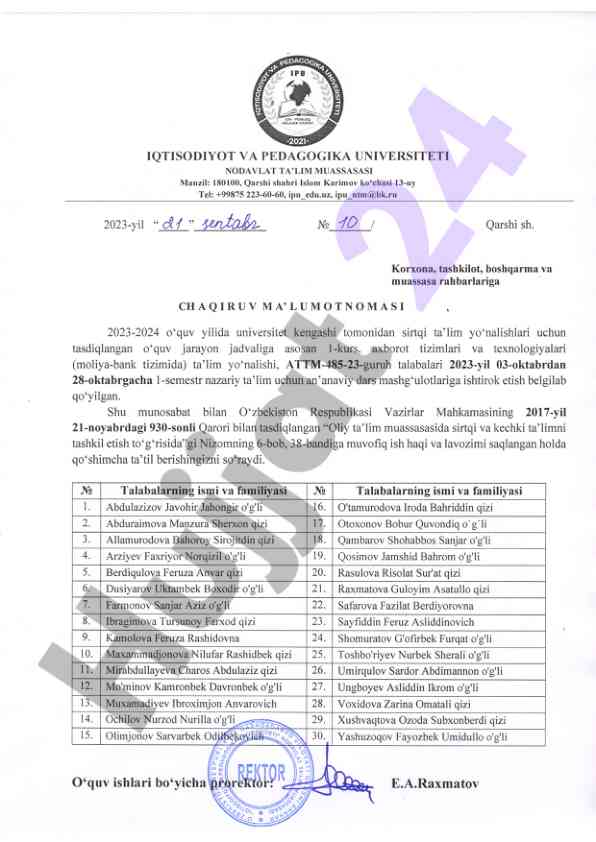 O‘quv jarayon jadvali 2023-2024 ta'lim yili