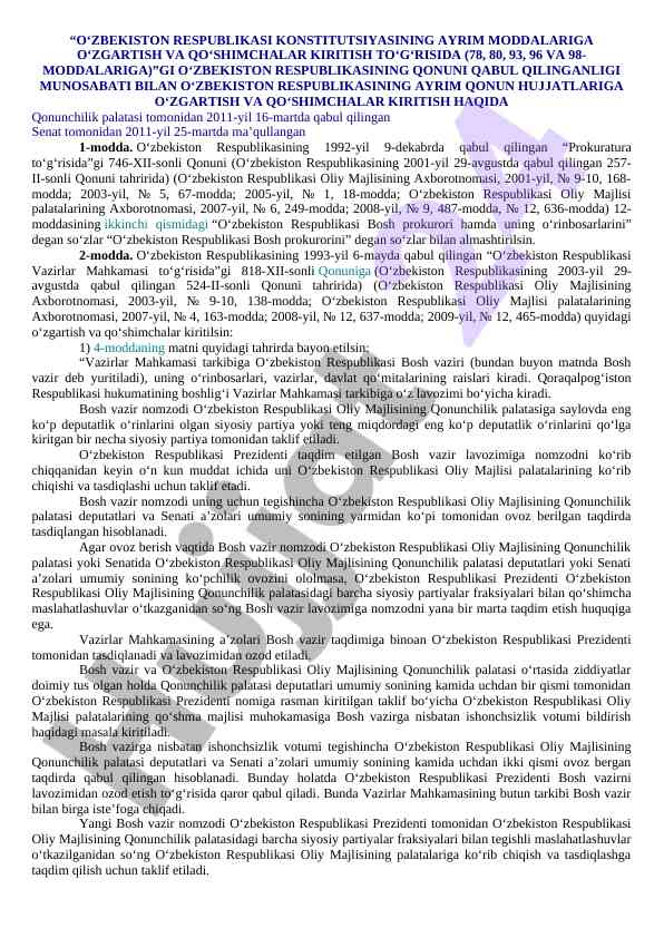 O‘zbekistan respublikasi konstitutsiyasiga o‘zgartirishlar