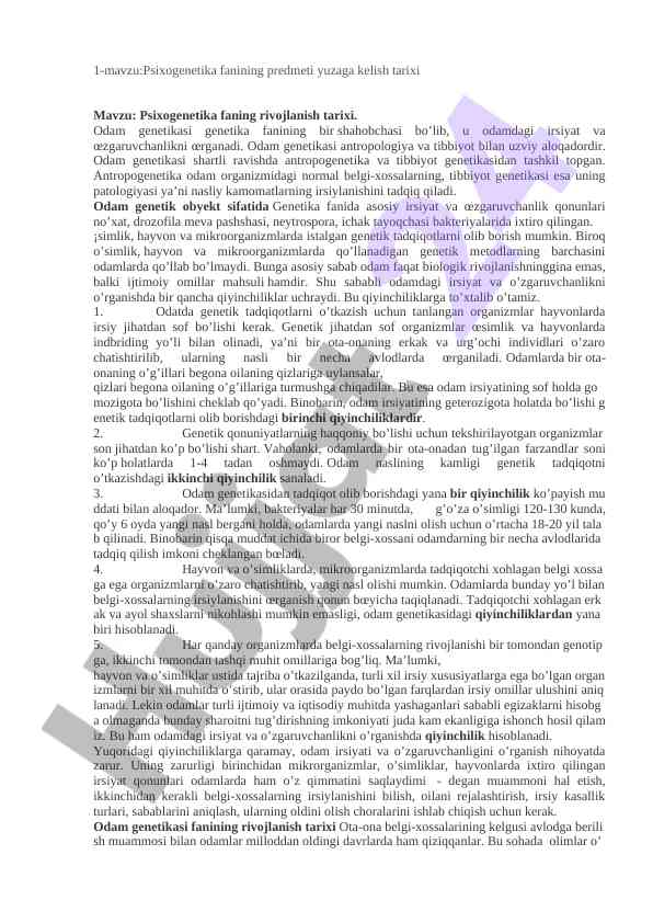 Psixogenetika fanining rivojlanish tarixi