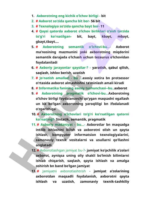 Axborot o’lchov birliklari haqida ma’lumot