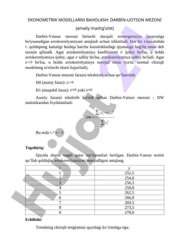 Ekonometriya modellarini baholash darbin-vatson mezoni