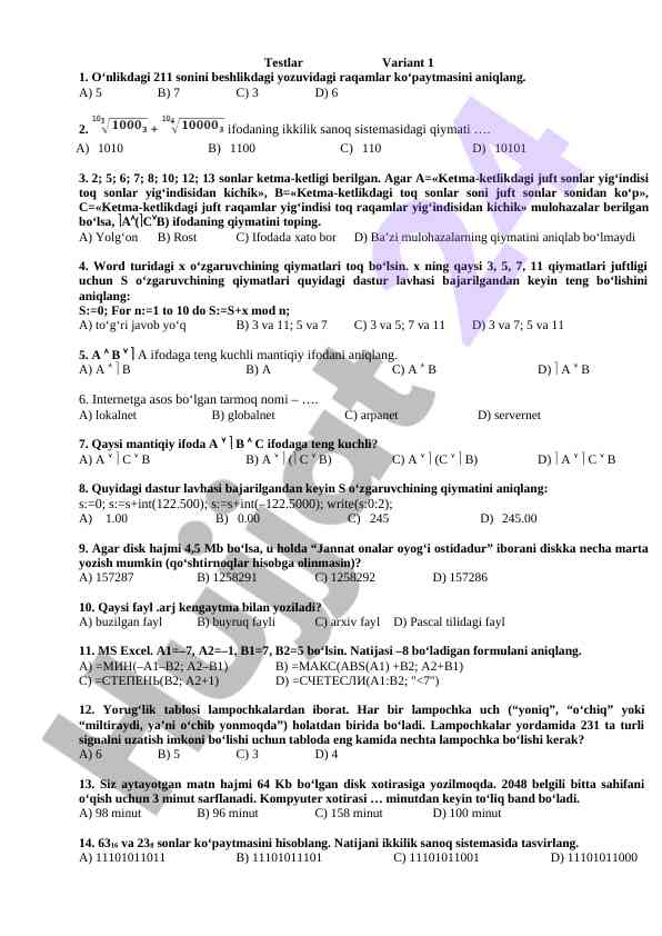 Testlar variant 1: mantiqiy masalalar va raqqamlar