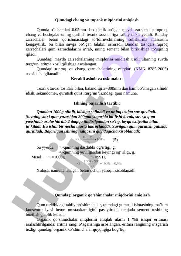 Qumdagi chang va tuprok miqdorini aniqlash usullari