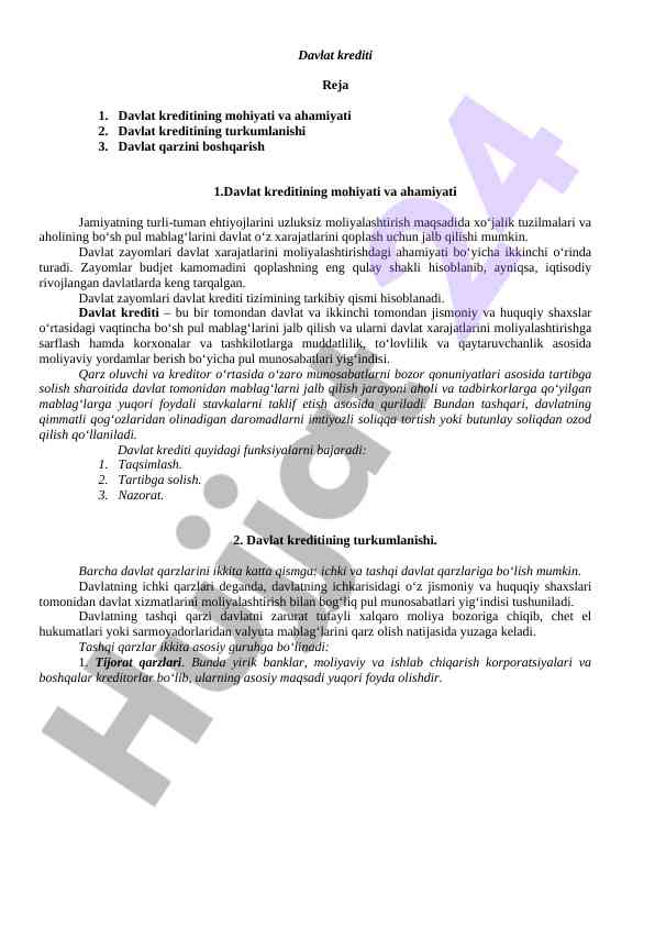 Davlat krediti mohiyati va ahamiyati