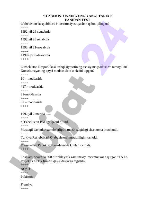 O'zbekistonning eng yangi tarixi fanidan test