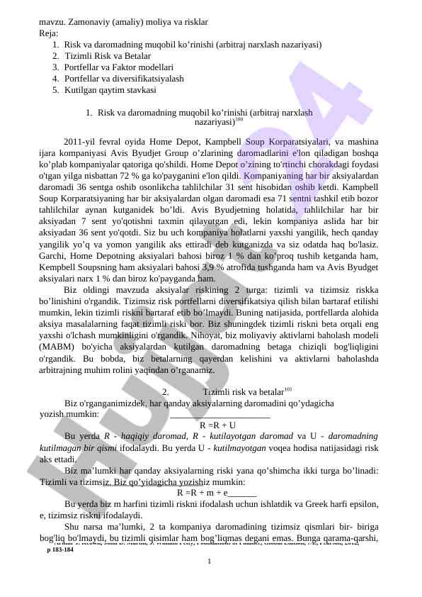 Zamonaviy moliya va risklar tahlili