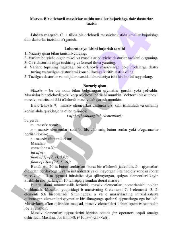 Bir o‘lchovli massivlar bilan dasturlar tuziw