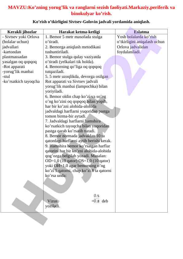 Ko’zning yorug’lik va ranglarni sezish faoliyati