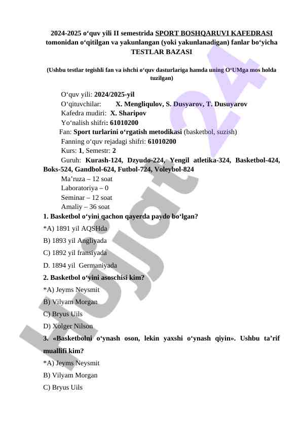 Sport boshqaruvi kafedrasi testlar bazasi