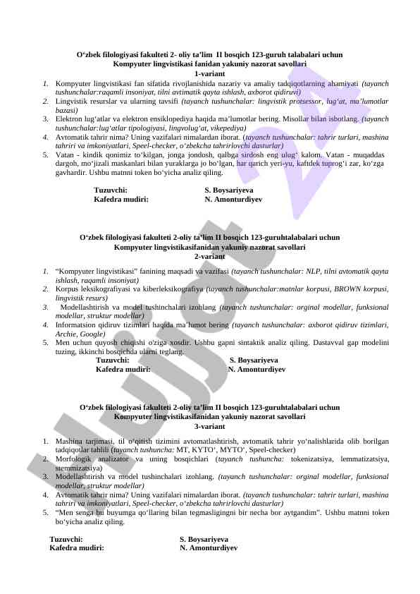 Kompyuter lingvistikasi fanidan yakuniy nazorat savollari
