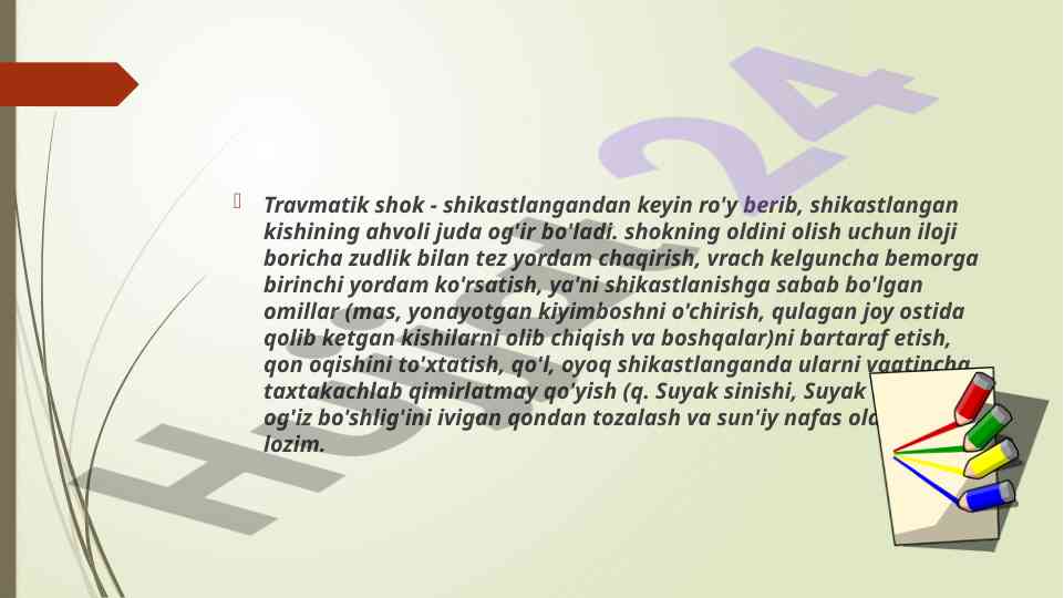 Travmatik shok va birinchi yordam usullari