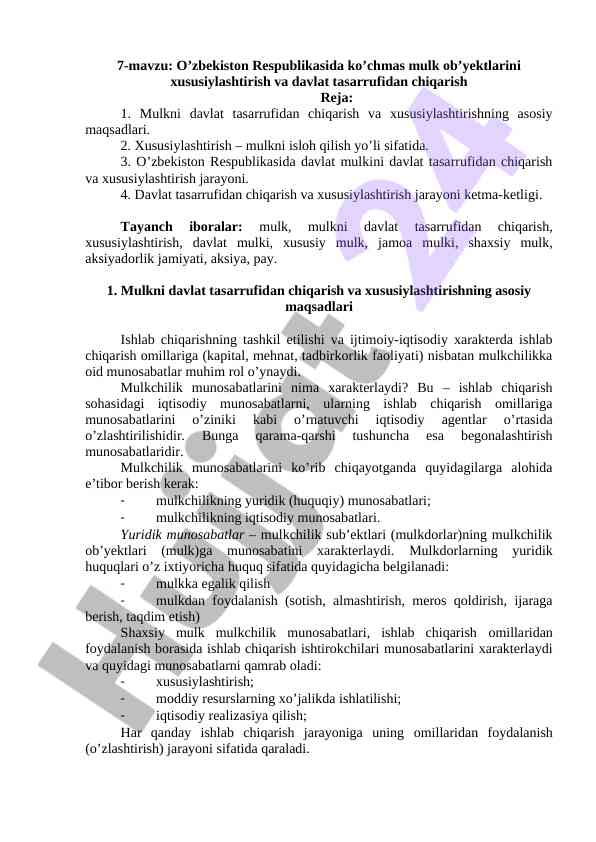 Ko’chmas mulkni xususiylashtirish jarayoni o’zbekistonda
