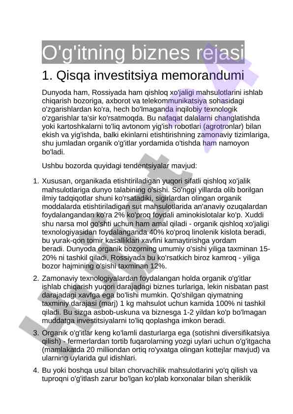 O'g'itlarning biznes rejasi va investitsiya memorandumi