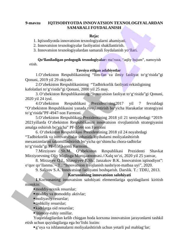 Iqtisodiyotda innovatsion texnologiyalarni foydalanish