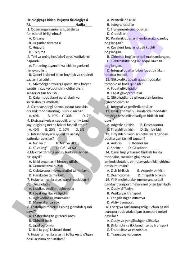 Fiziologiyaga kirish testlari bilan tanishing