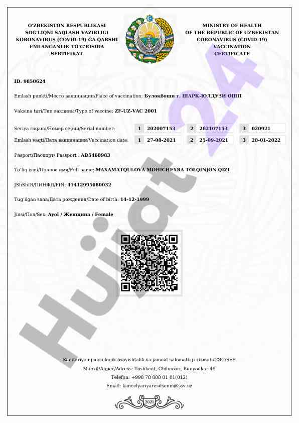 Koronavirus emlanganlik sertifikati tajribasi