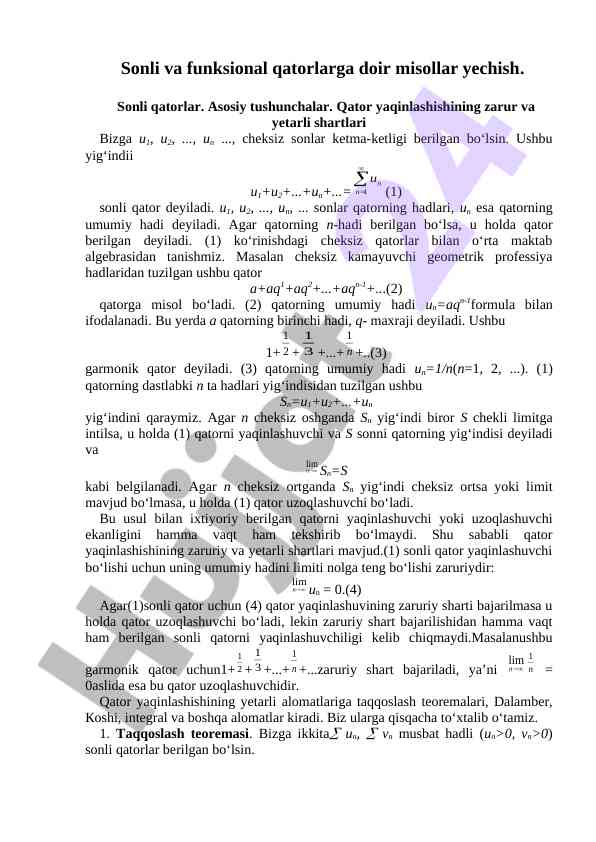 Sonli va funktsional qatorlar bo'yicha misollar