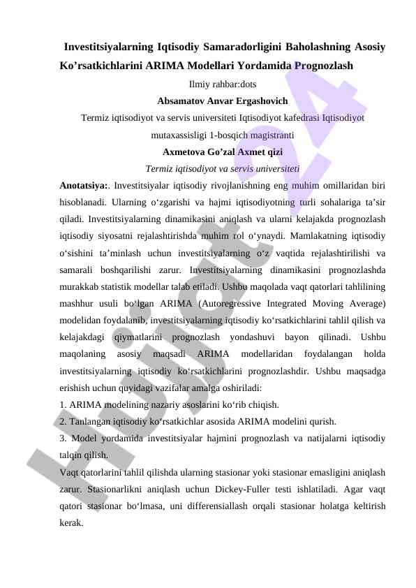 Investitsiyalarning samaradorligini baholash