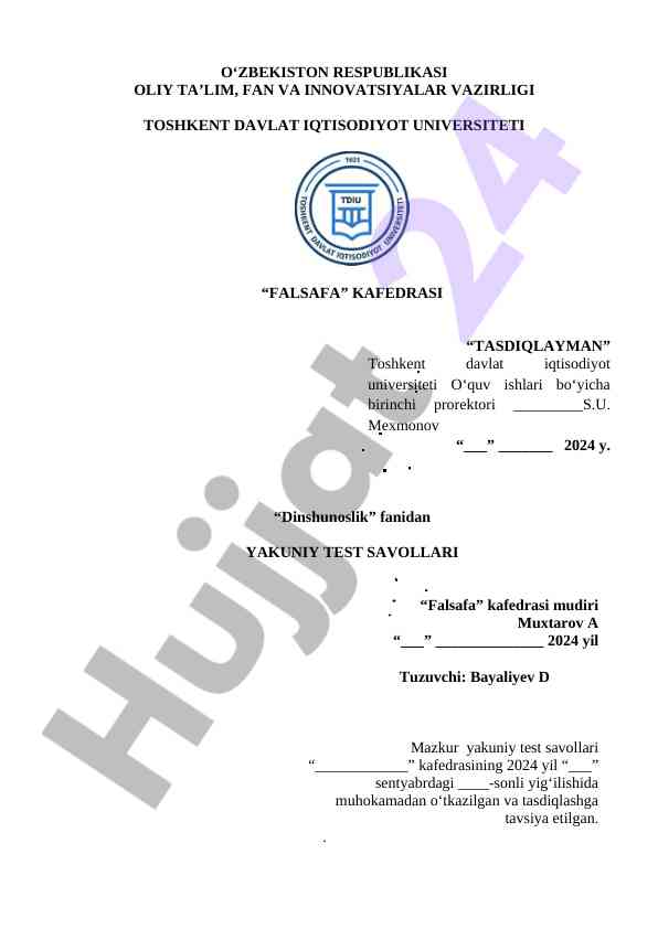 Dinshunoslik fanidan yuzaga keluvchi test savollari
