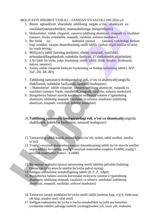 Moliyaviy hisobot tahlili bo‘yicha savollar 2024