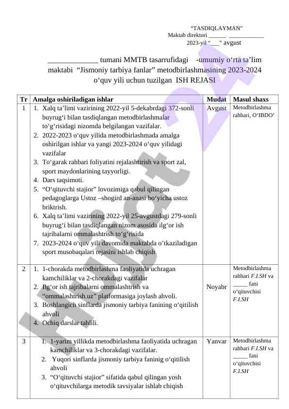 Jismoniy tarbiya fanlari ish rejasi 2023-2024