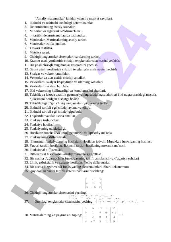 Amaliy matematika yakuniy nazorat savollari
