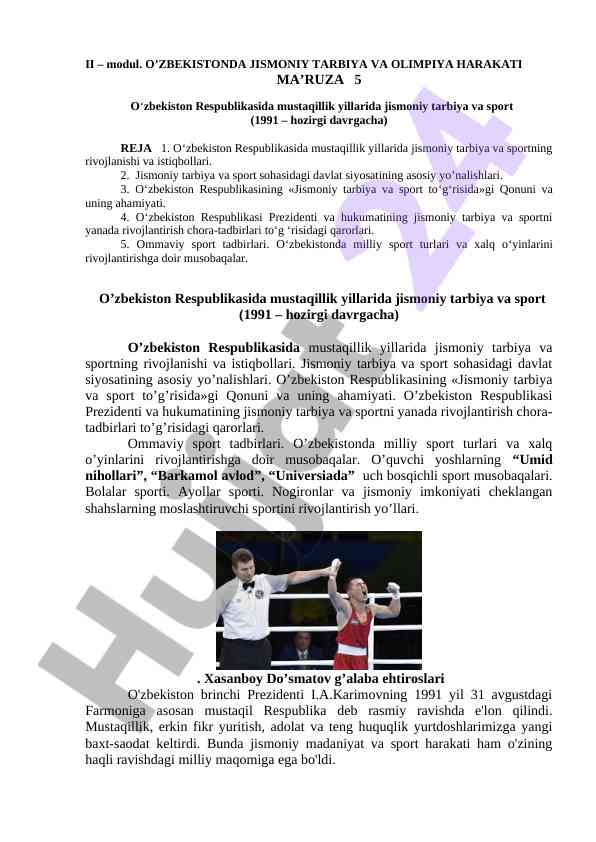 O‘zbekiston jismoniy tarbiya va sport rivojlanishi