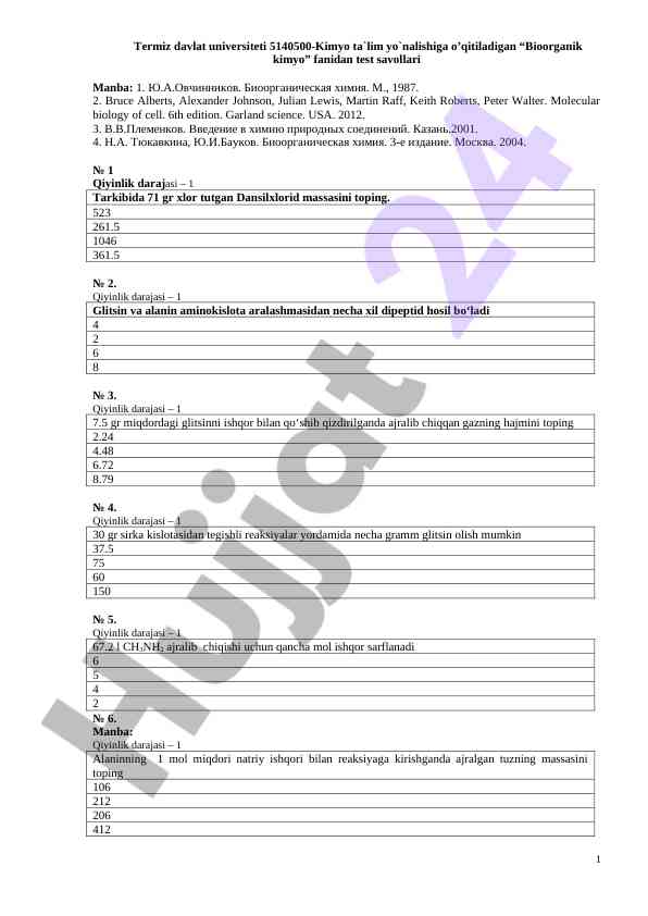 Bioorganik kimyo fanidan test savollari