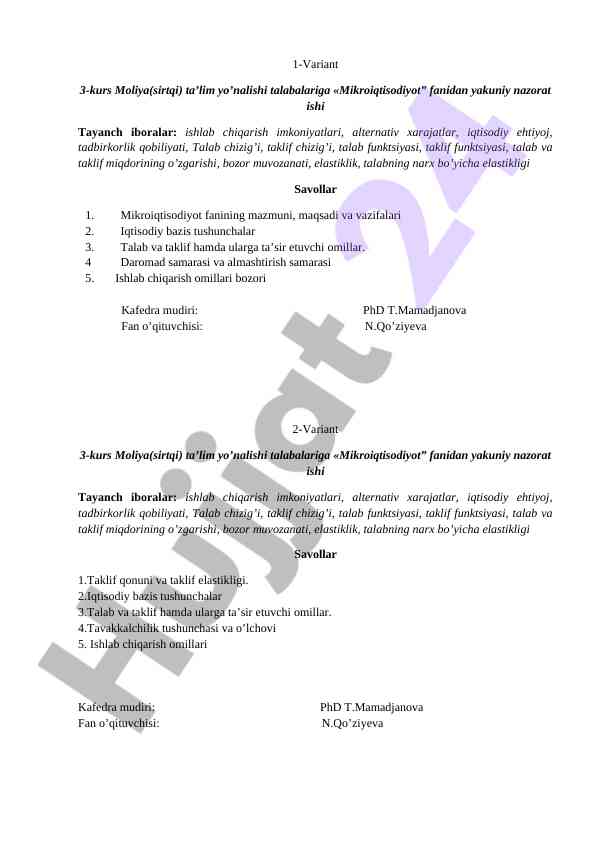Mikroiqtisodiyot fanidan yakuniy nazorat ishlari