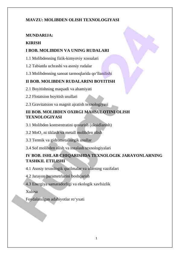 Molibden olish texnologiyasi va uning ahamiyati