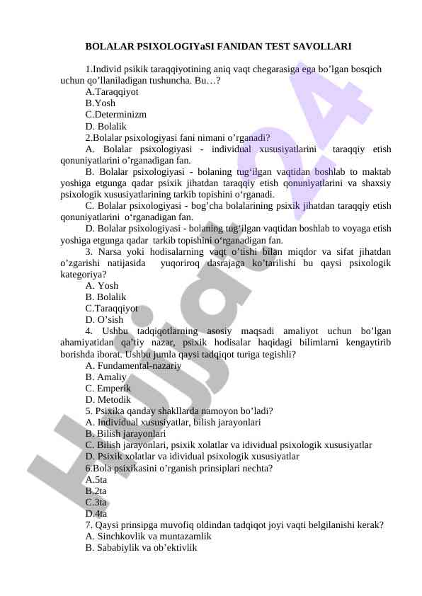 Bolalar psixologiyasi fanidan test savollari