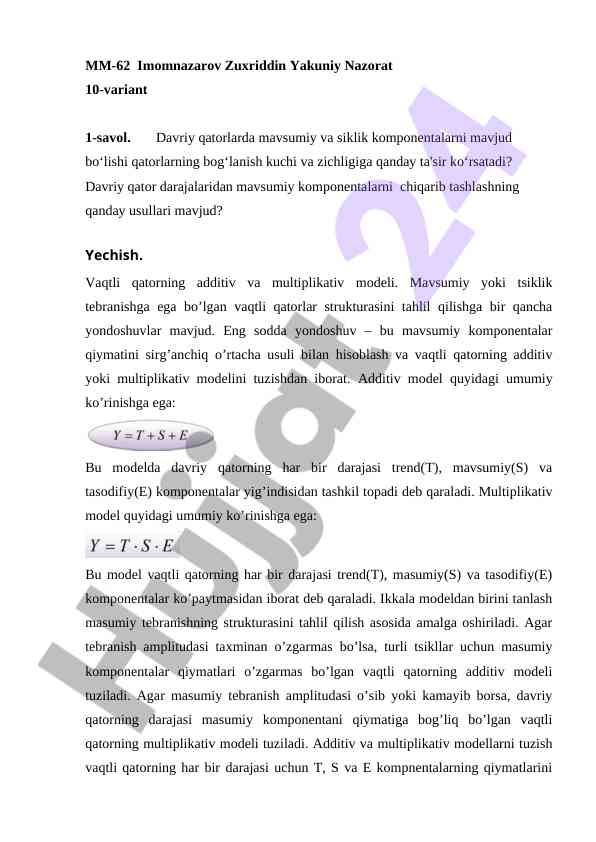 Davriy qatorlarda mavsumiy komponentalar tahlili