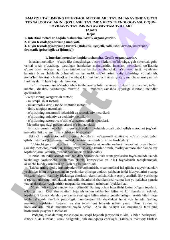 Ta’limning interfaol metodlari va o’yin texnalogiyalari