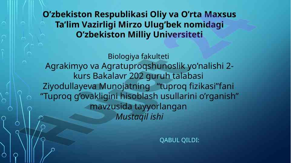 Tuproq g'ovakligini hisoblash usullarini o'rganish