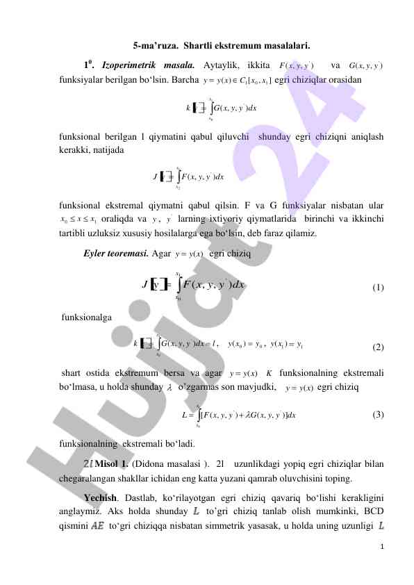 Shartli ekstremum masalalari va eyler teoremasi