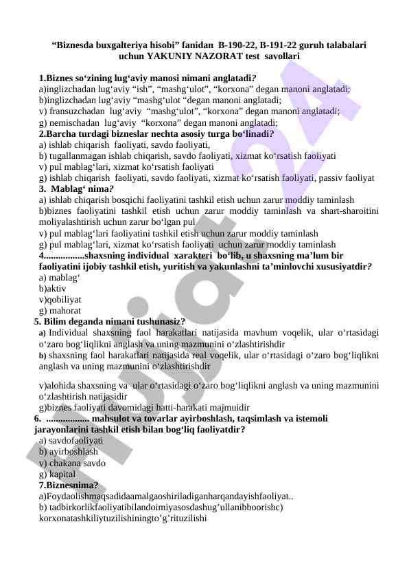 Biznesda buxgalteriya hisobi test savollari